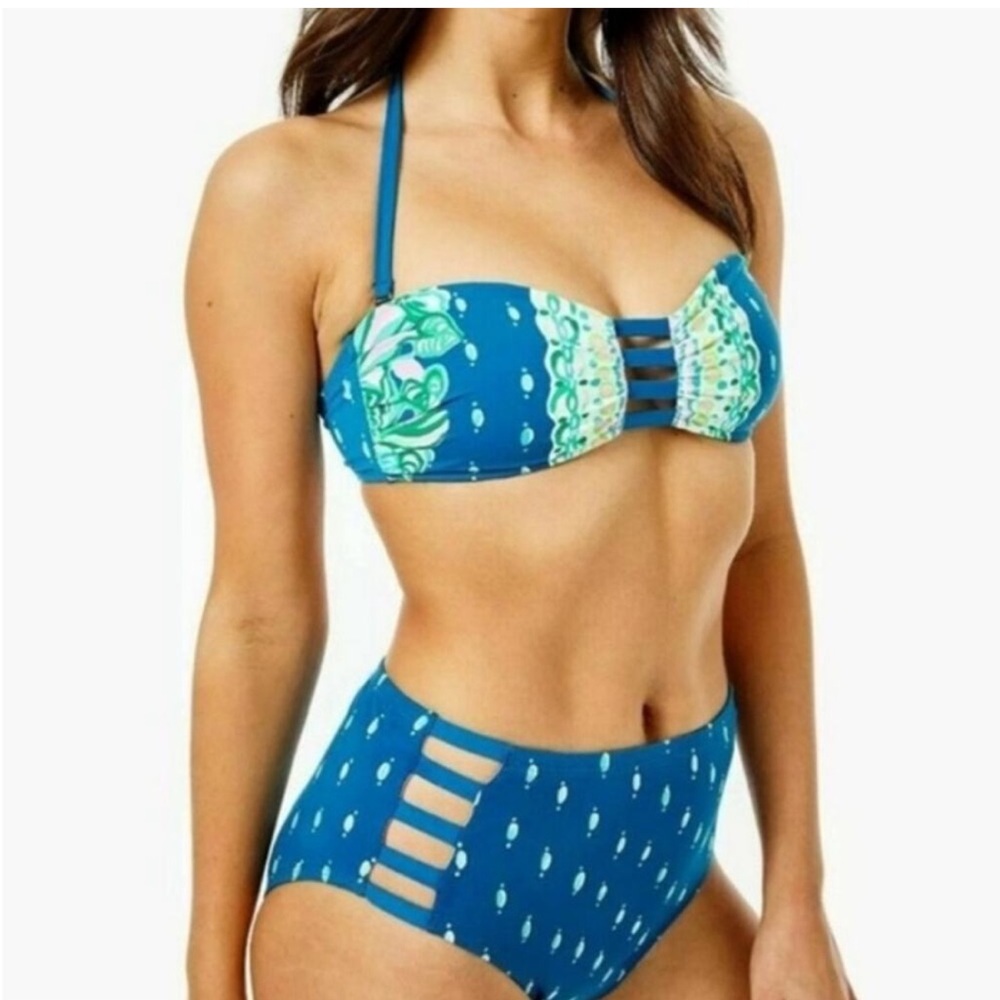 NWTLilly Pulitzer Rumy High Waisted Bikini Bottom & top Macaw Blue Coconut Row 6
